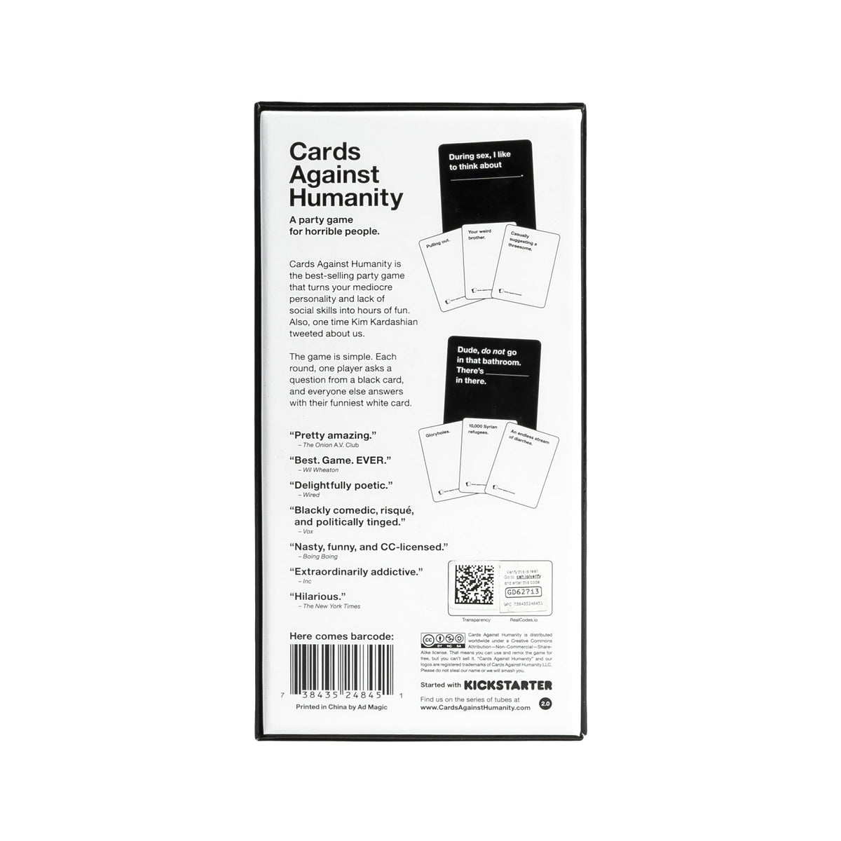 Cards Against Humanity game content inside showing cards for bold humor.
