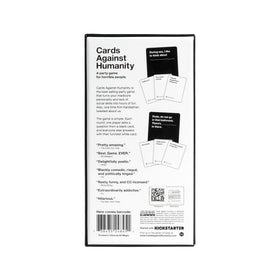 Cards Against Humanity game content inside showing cards for bold humor.