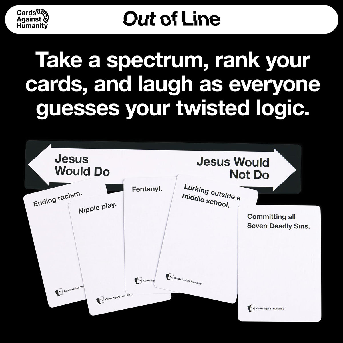 Cards Against Humanity Out of Line box open reveals cards ready for quick setup and fun.