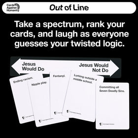 Cards Against Humanity Out of Line box open reveals cards ready for quick setup and fun.