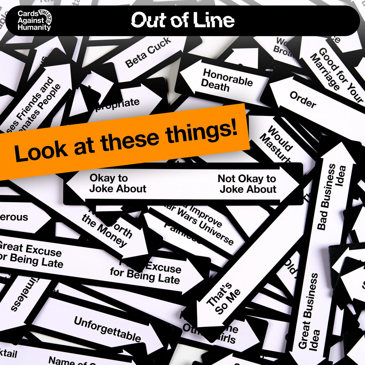 Cards Against Humanity Out of Line encourages teamwork to order cards together.