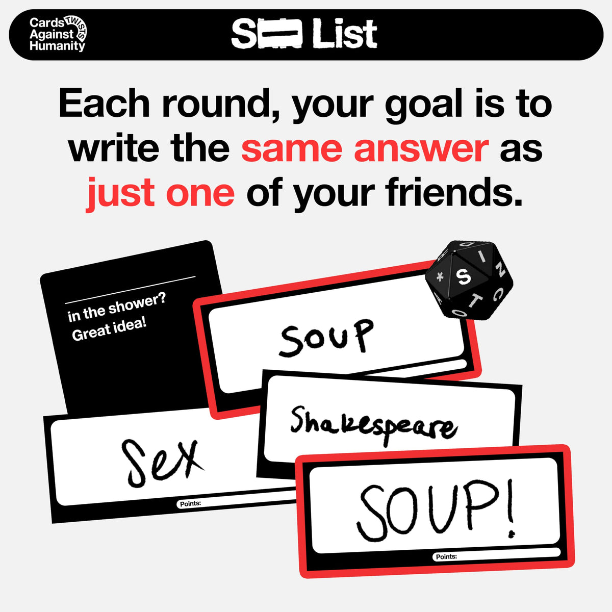 Cards Against Humanity S⸺ List features a giant board for collaborative play.