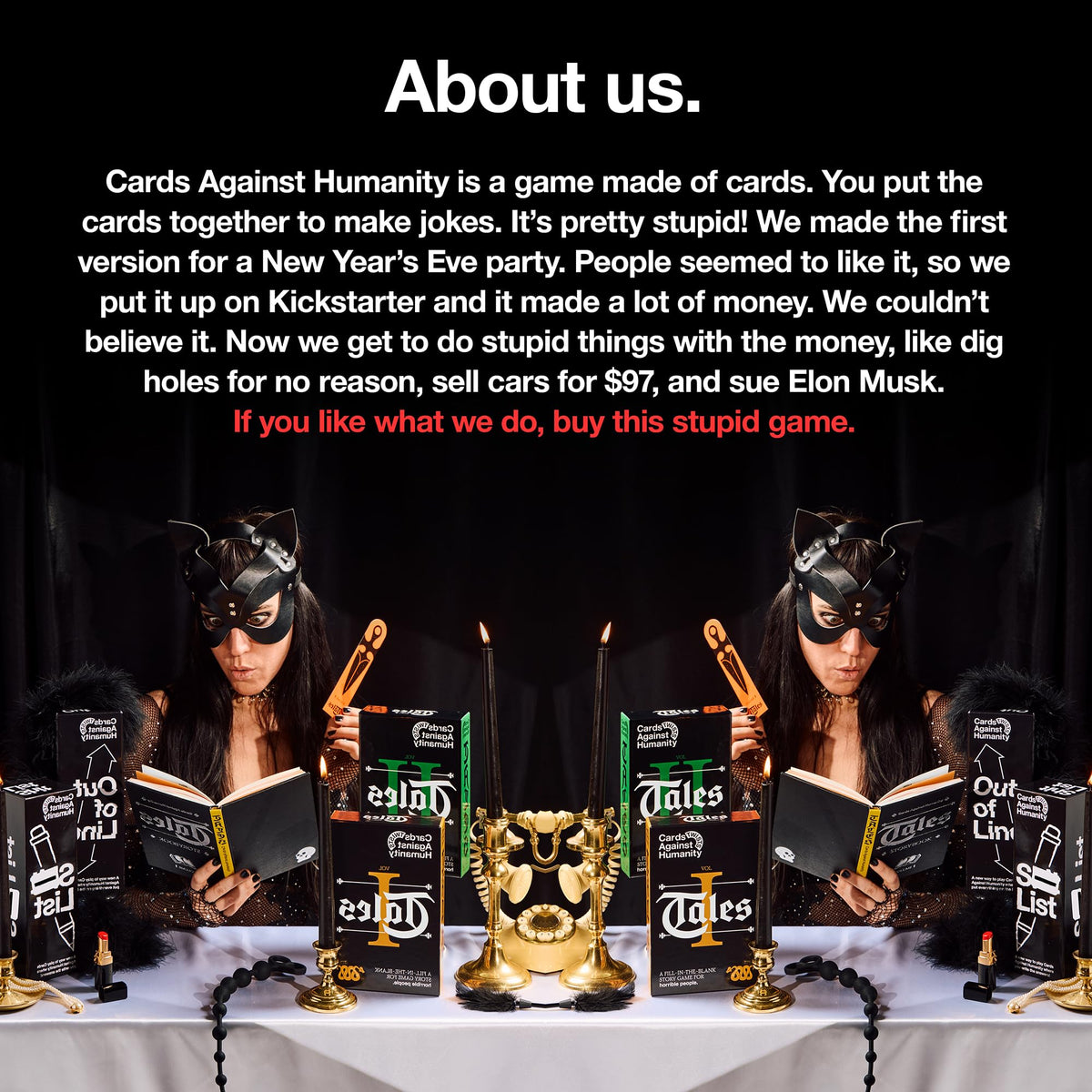 Cards Against Humanity Tales Vol. 1 compatible with any white cards for flexible play.