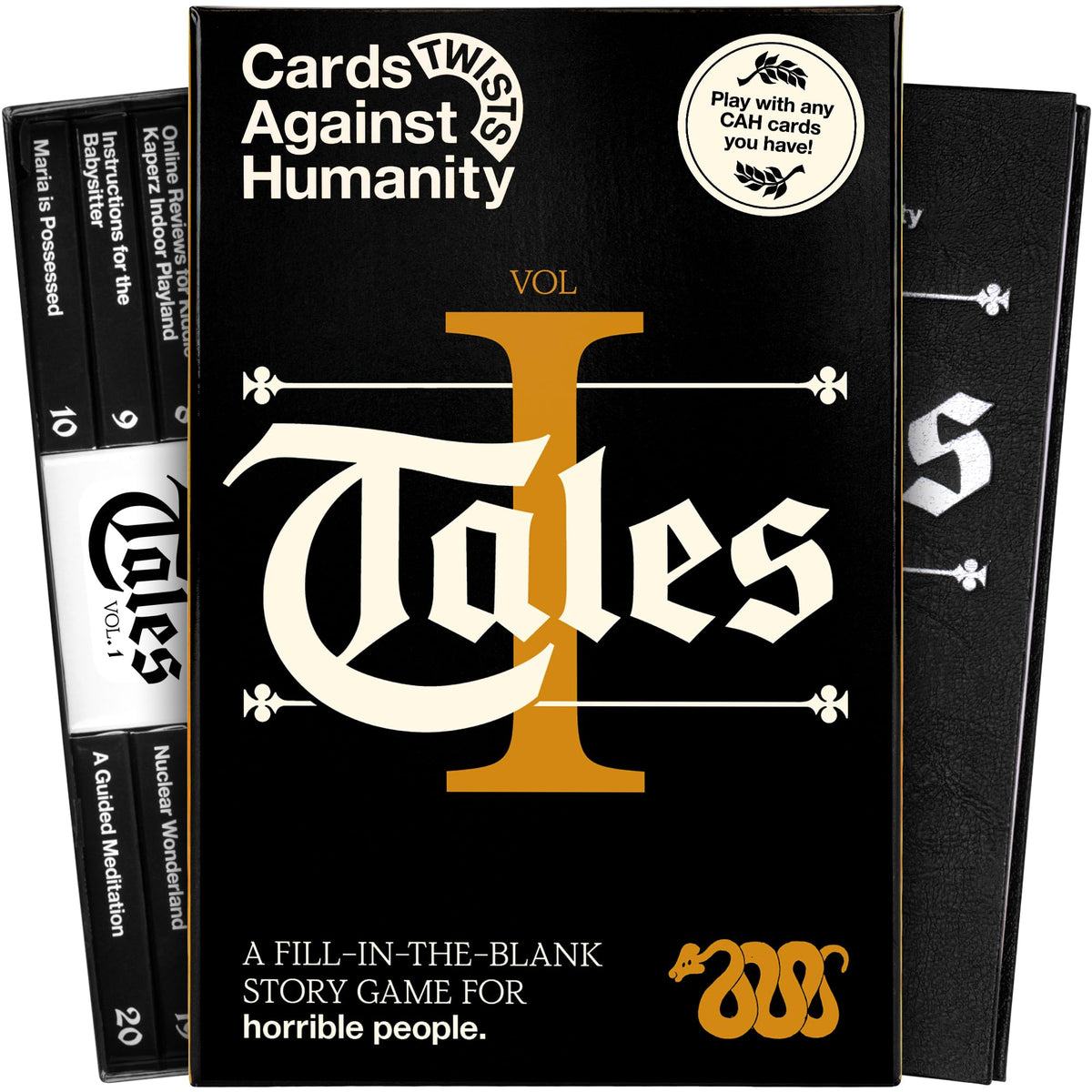 Cards Against Humanity Tales Vol. 1 leather-bound book close-up, premium design for durable game nights.