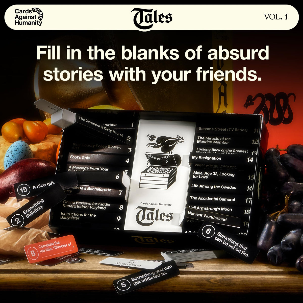 Cards Against Humanity Tales Vol. 1 prompt cards in matchboxes for quick, playful setup.