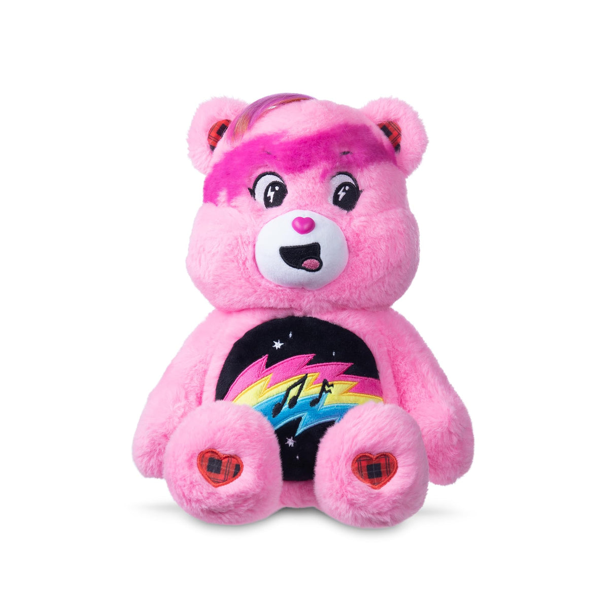 Care Bears Cheer Bear rock theme plush, 14-inch, perfect for imaginative play and display.