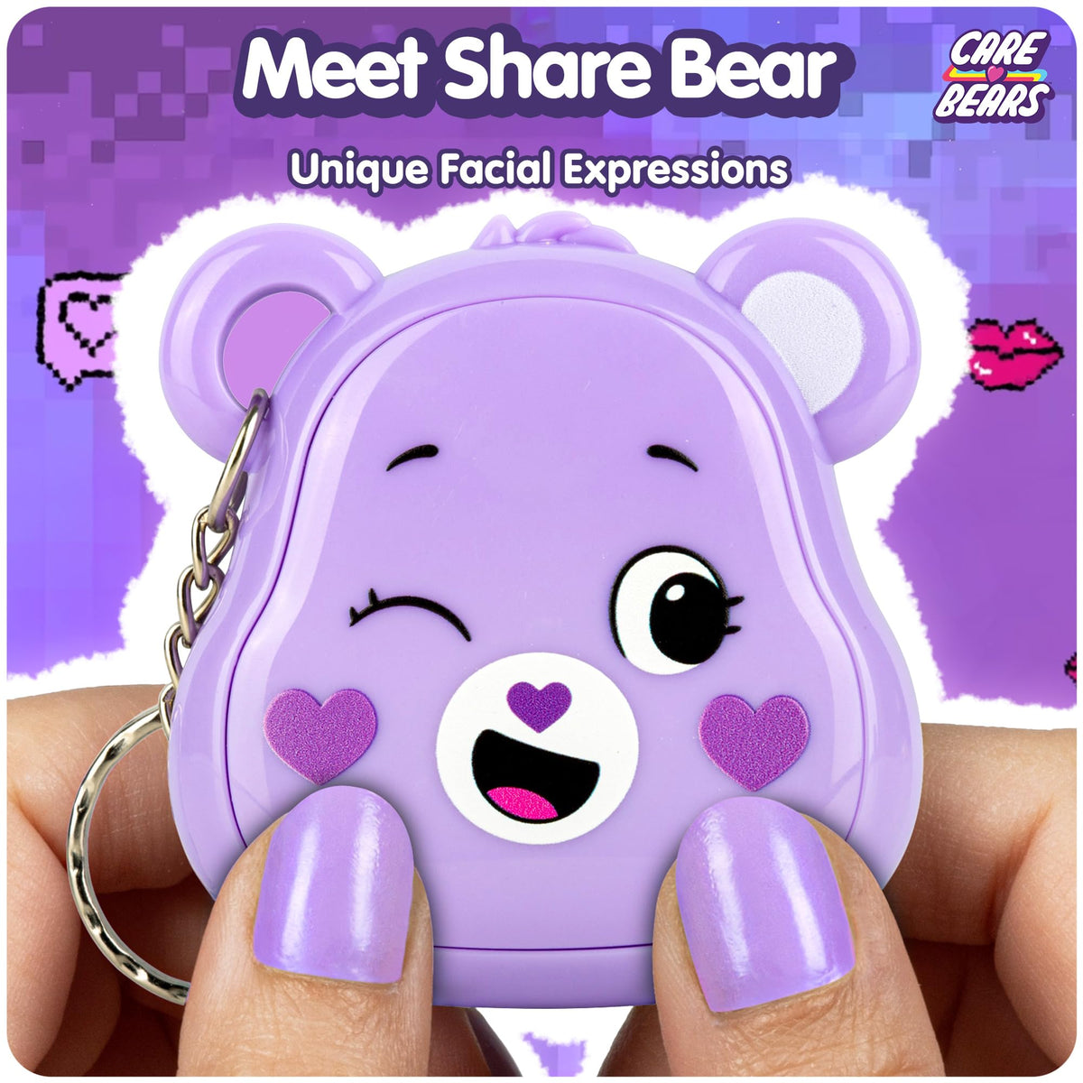 Care Bears Share Bear Nano Pet screen closeup, bright pixels invite imaginative roleplay.