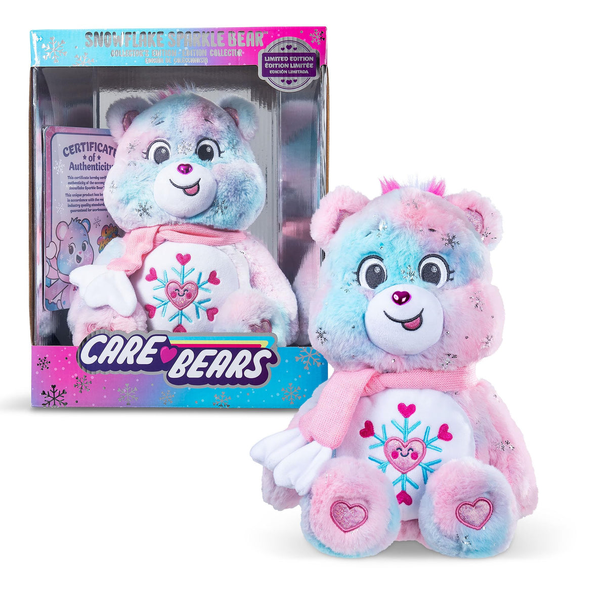Close-up of Snowflake Sparkle Bear belly badge with hearts and smile