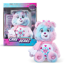 Close-up of Snowflake Sparkle Bear belly badge with hearts and smile