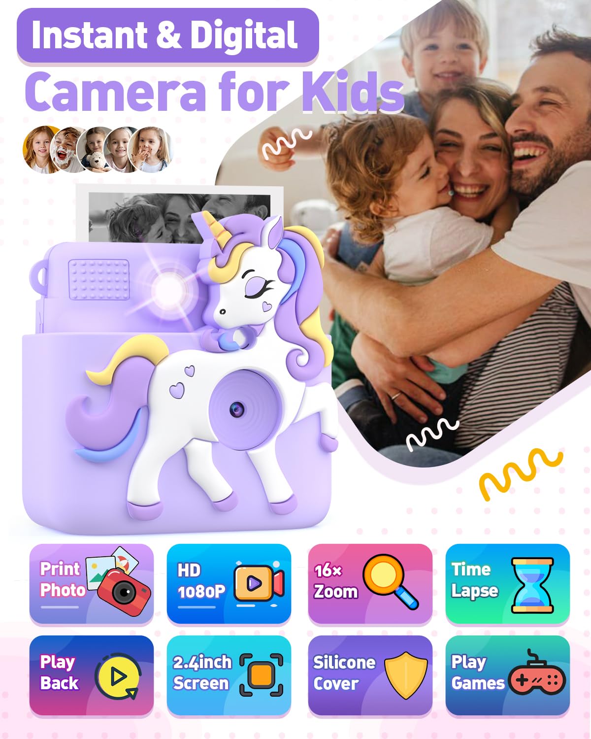 Careenoah kids camera lilac silicone cover close-up, durable protection for active play