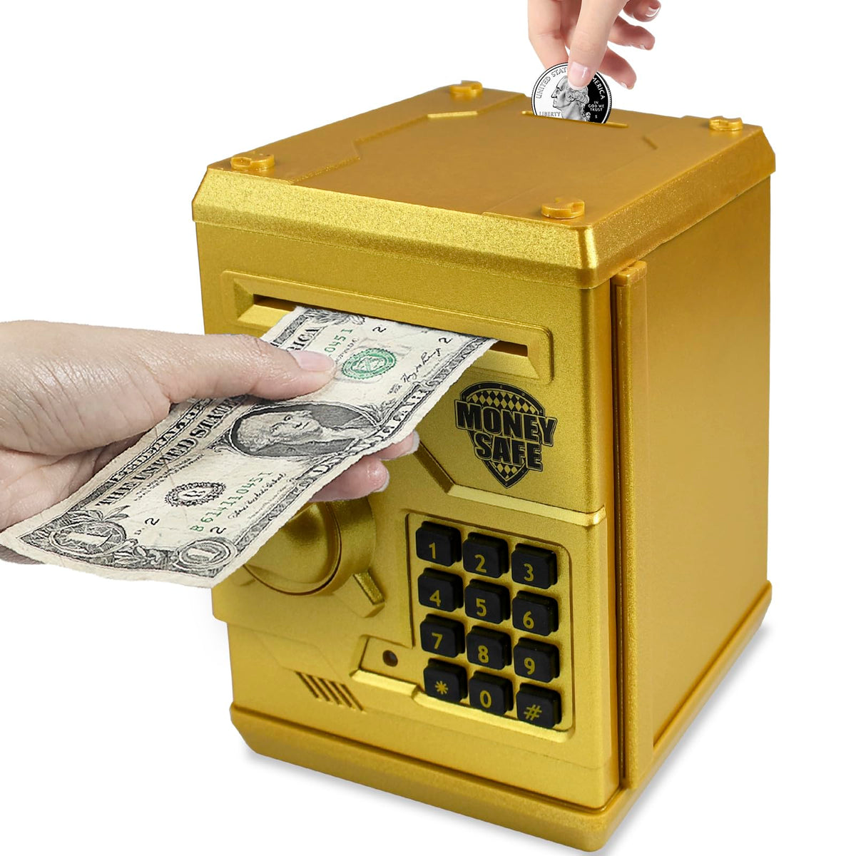 Cargooy Mini ATM Piggy Bank front view in gold, a stylish savings companion for kids.