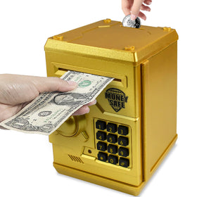 Cargooy Mini ATM Piggy Bank front view in gold, a stylish savings companion for kids.