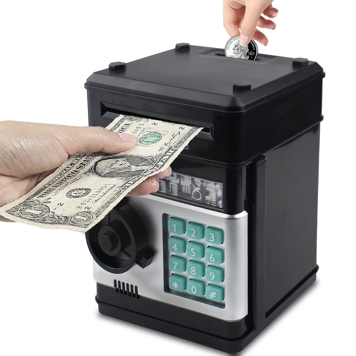Cargooy Mini ATM piggy bank front view with password lock for secure saving.