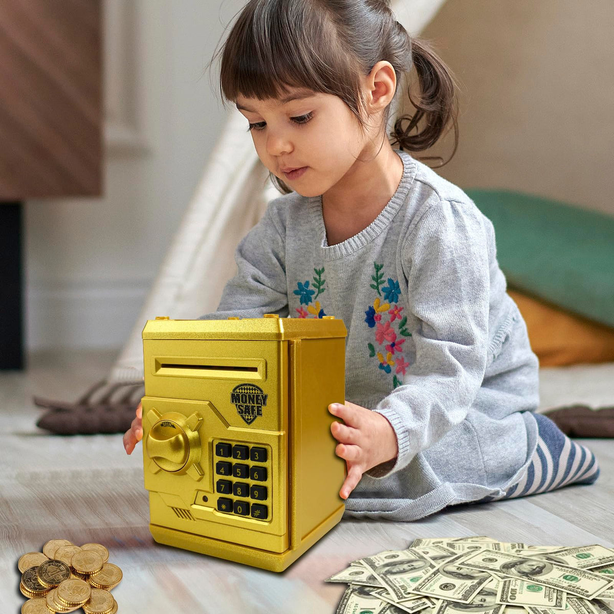 Cargooy Mini ATM Piggy Bank kids using it to save money.