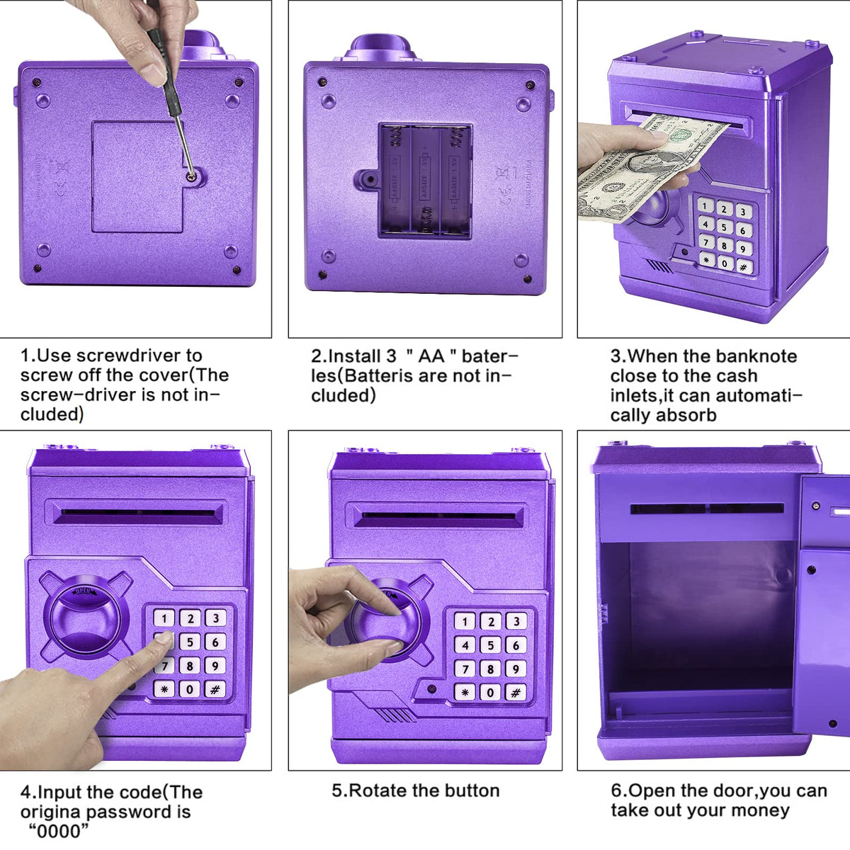 Cargooy Mini ATM Piggy Bank purple battery compartment for 3 AA batteries