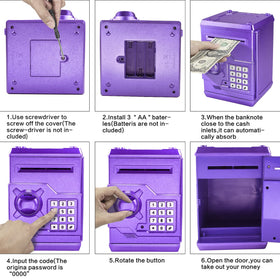 Cargooy Mini ATM Piggy Bank purple battery compartment for 3 AA batteries
