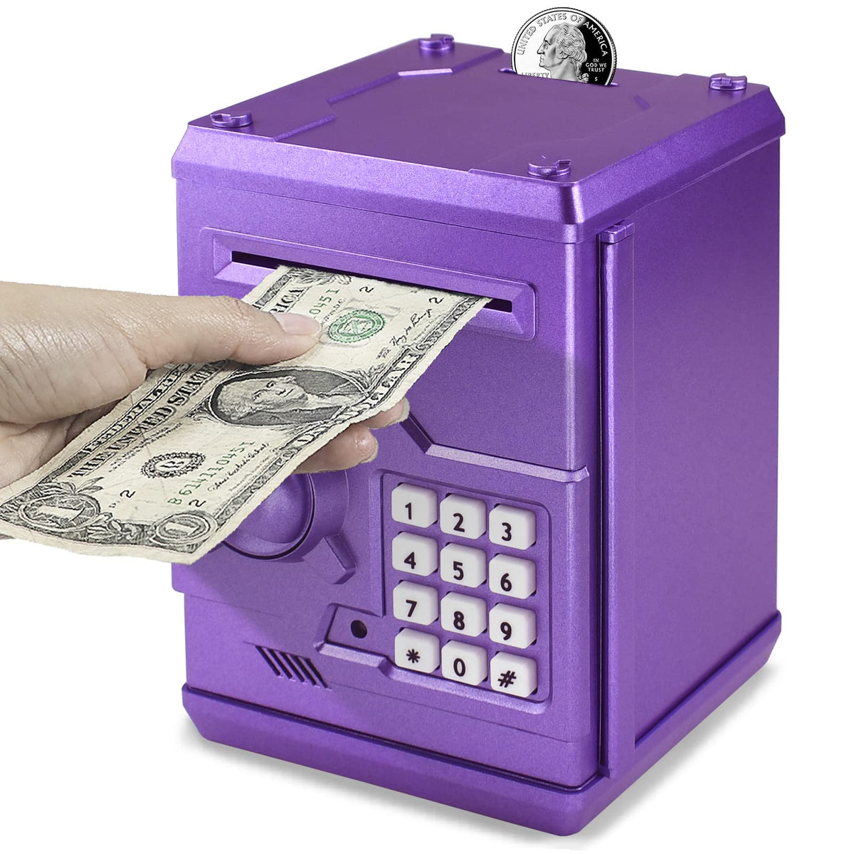 Cargooy Mini ATM Piggy Bank purple front view with secure password lock for kids