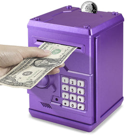 Cargooy Mini ATM Piggy Bank purple front view with secure password lock for kids