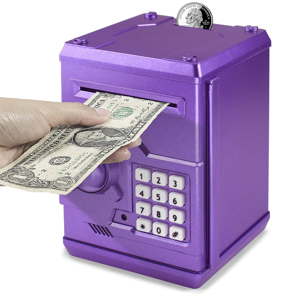 Cargooy Mini ATM Piggy Bank purple front view with secure password lock for kids