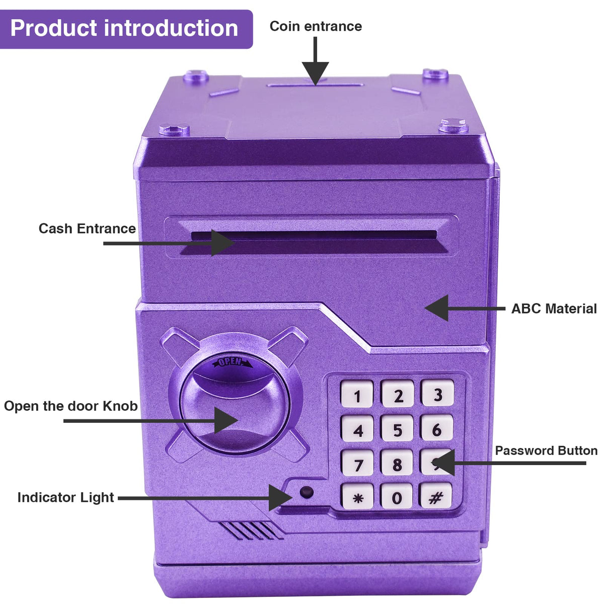 Cargooy Mini ATM Piggy Bank purple interface showing electronic coin counter features