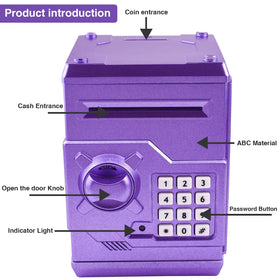 Cargooy Mini ATM Piggy Bank purple interface showing electronic coin counter features