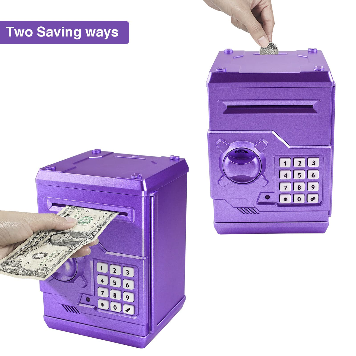 Cargooy Mini ATM Piggy Bank purple side view highlighting compact design