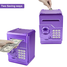 Cargooy Mini ATM Piggy Bank purple side view highlighting compact design