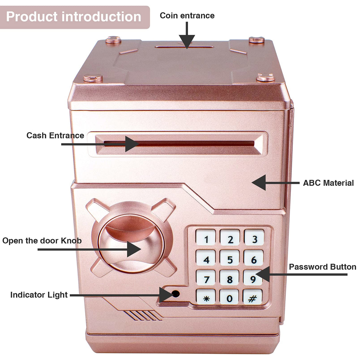 Cargooy Mini ATM Piggy Bank rose gold coins loaded emphasizes capacity for coins, encouraging daily saving