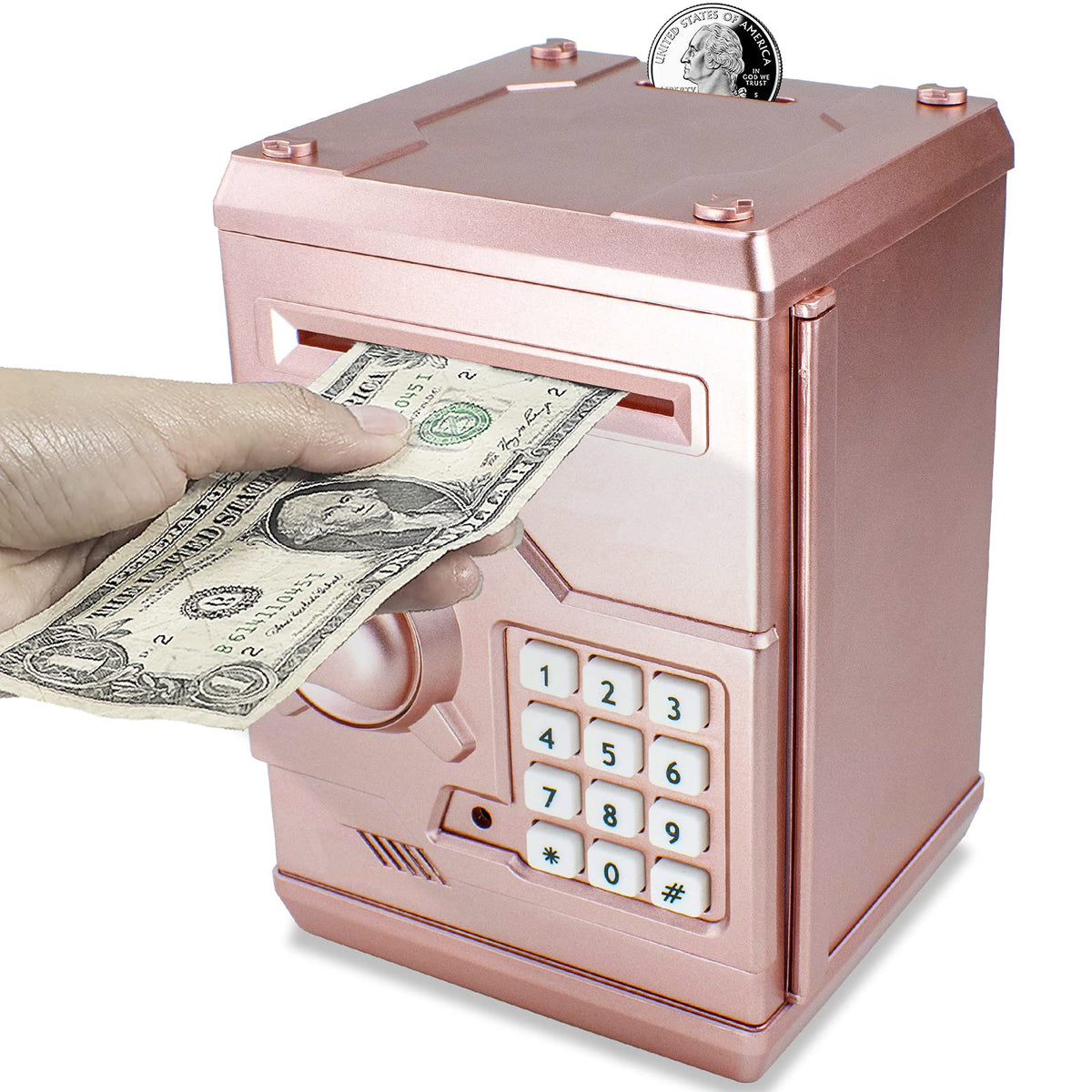 Cargooy Mini ATM Piggy Bank rose gold front view demonstrates kid friendly saving with a private code