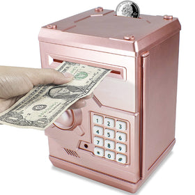 Cargooy Mini ATM Piggy Bank rose gold front view demonstrates kid friendly saving with a private code