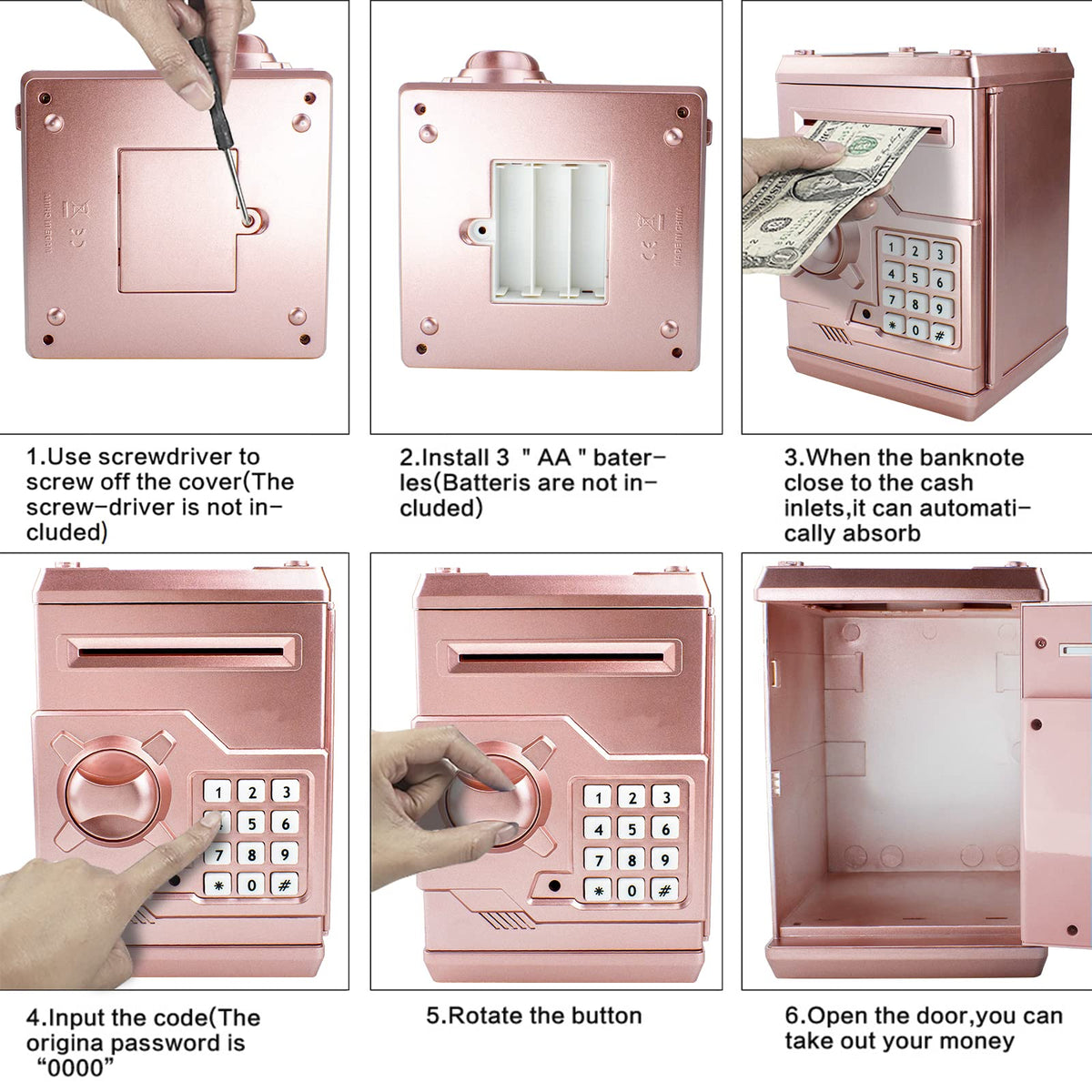 Cargooy Mini ATM Piggy Bank rose gold packaging and manual illustrate ready to gift and simple setup