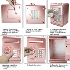 Cargooy Mini ATM Piggy Bank rose gold packaging and manual illustrate ready to gift and simple setup