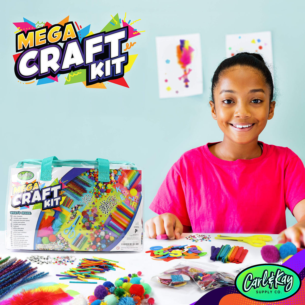 Carl & Kay Mega Arts Kit contents organized in zip bags for easy cleanup