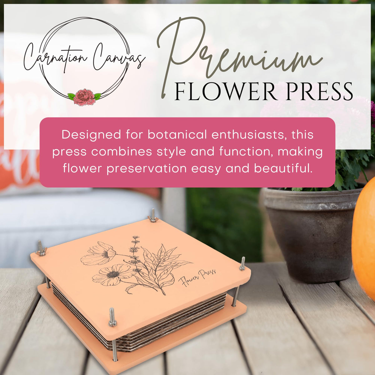 Carnation Canvas Wooden Flower Press demonstrates 10-layer capacity for drying multiple blooms together.