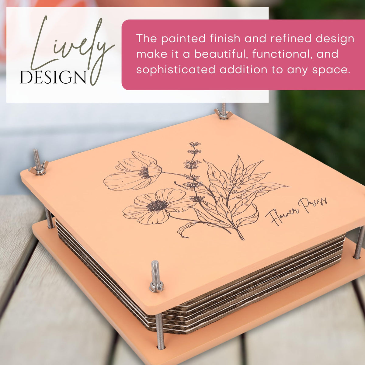 Carnation Canvas Wooden Flower Press includes white absorbent sheets for even drying.