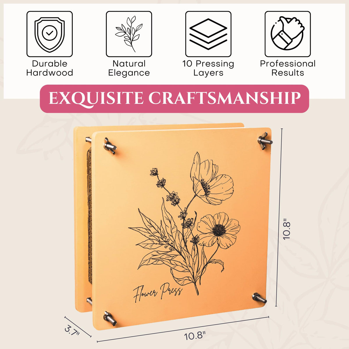 Carnation Canvas Wooden Flower Press includes a sturdy storage bag for organized components.