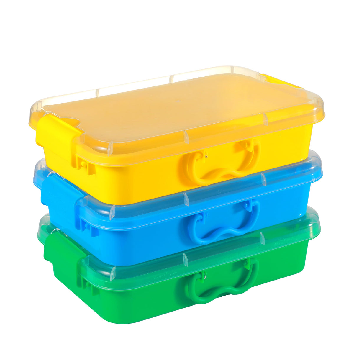 Carolart 3-pack storage bins with lids organize art supplies.