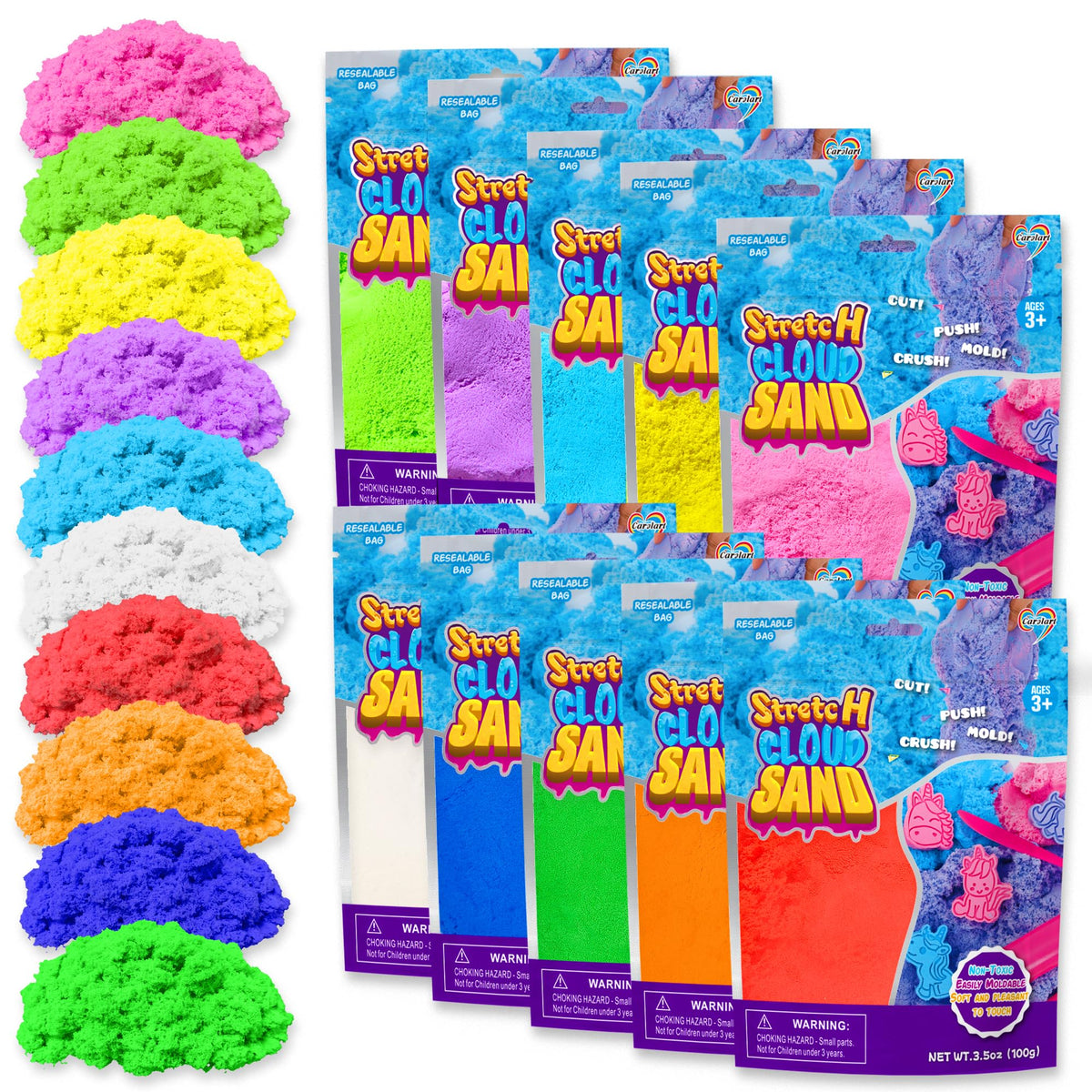 Carolart Colorful Stretchy Sand Kit with ten colors for creative molding and mixing.
