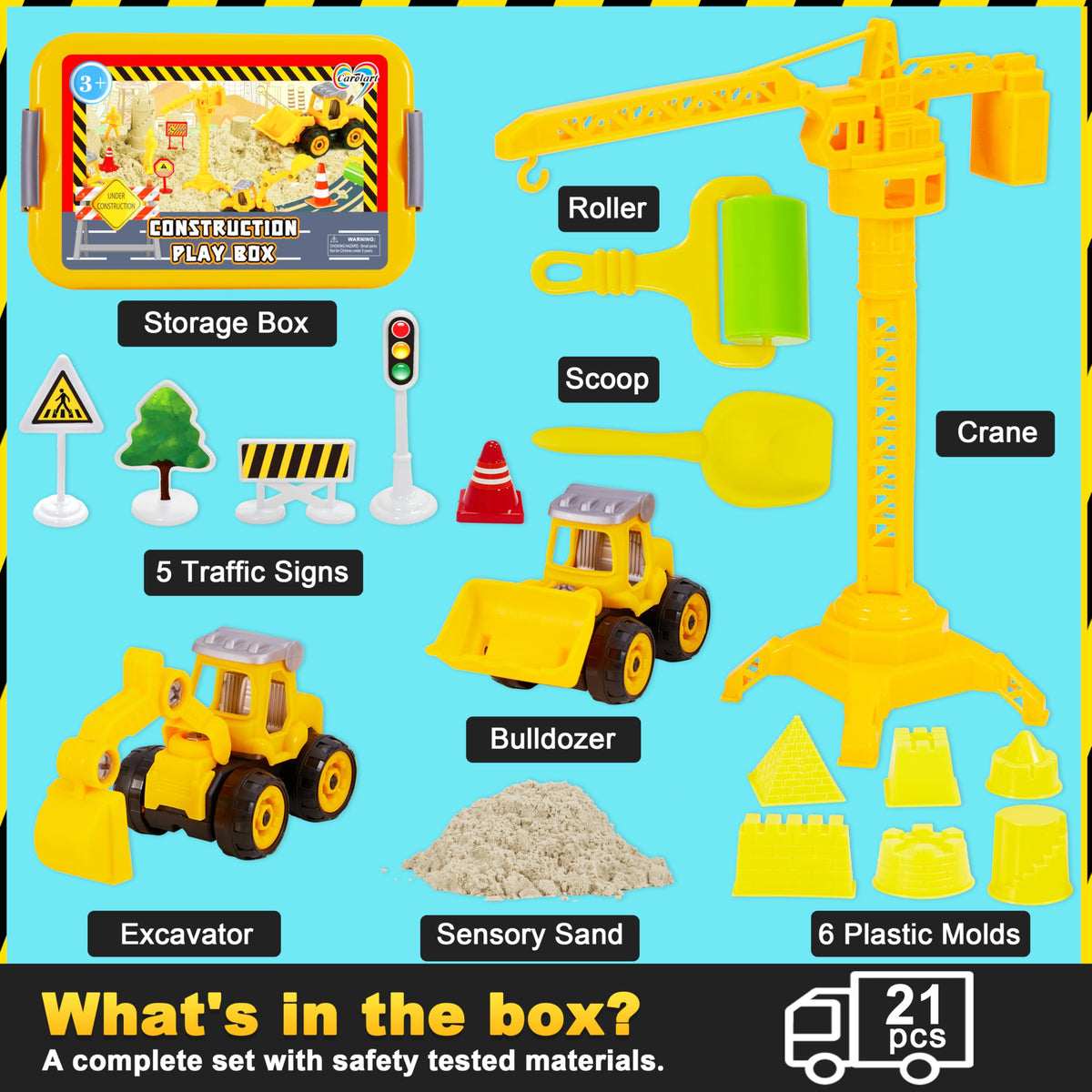 Carolart Construction Sensory Bin bulldozer toy supports creative sand movement