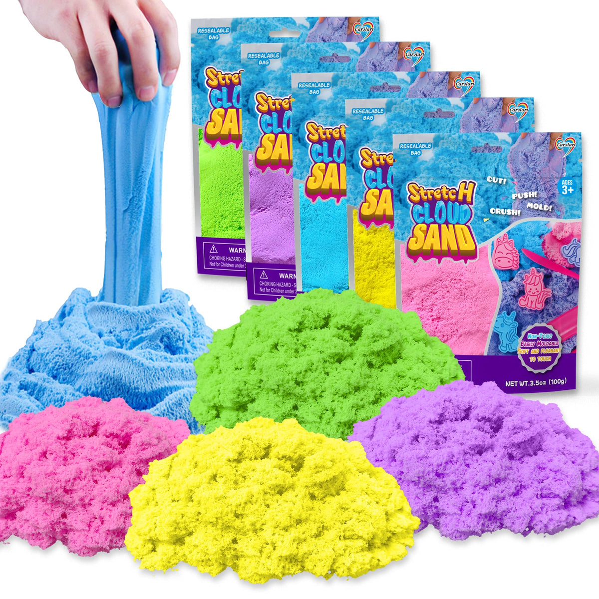 Carolart Fluffy Stretch Sand Kit main pack with five colors for creative play