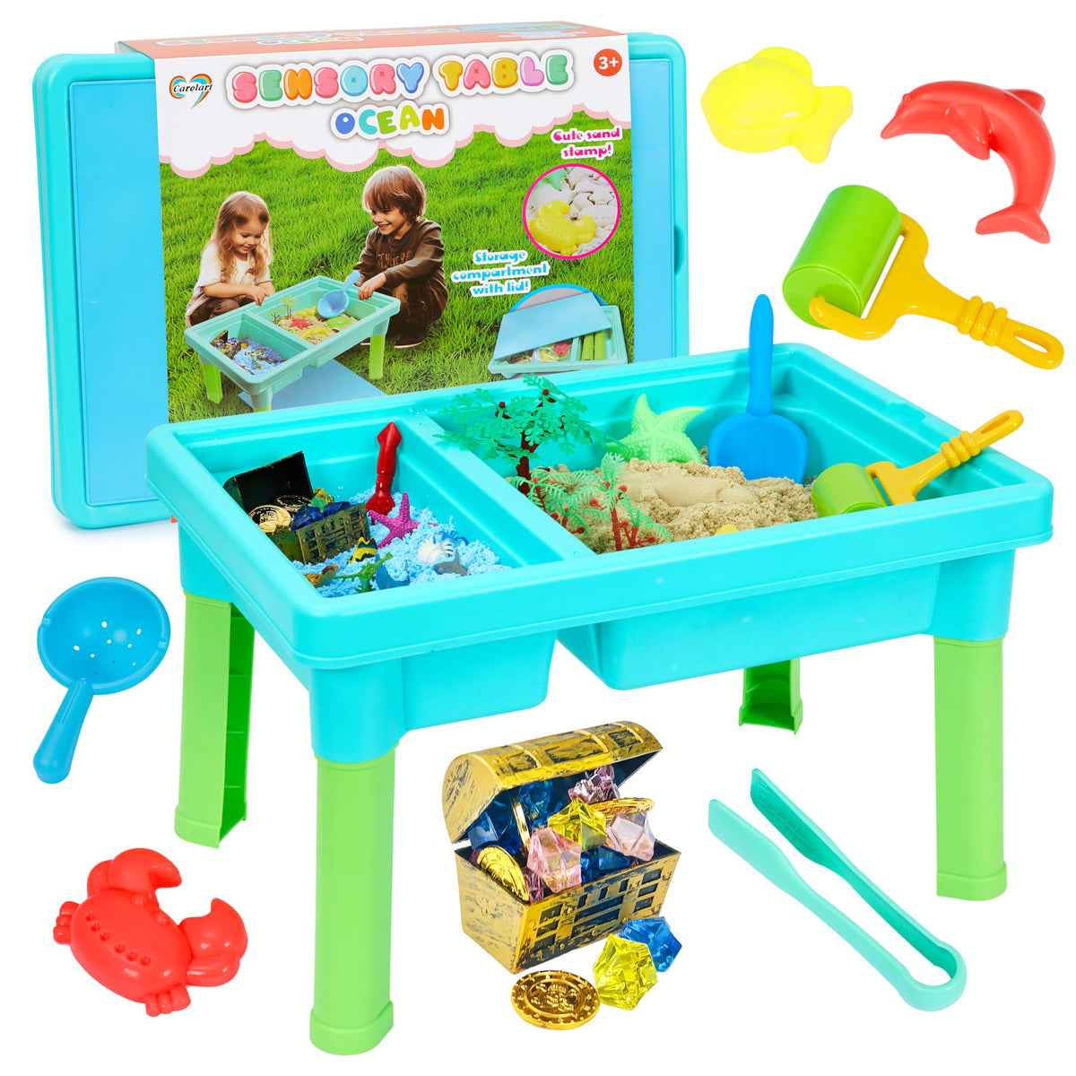 Carolart Ocean Sensory Table with Sand Art Kit encourages tactile exploration.