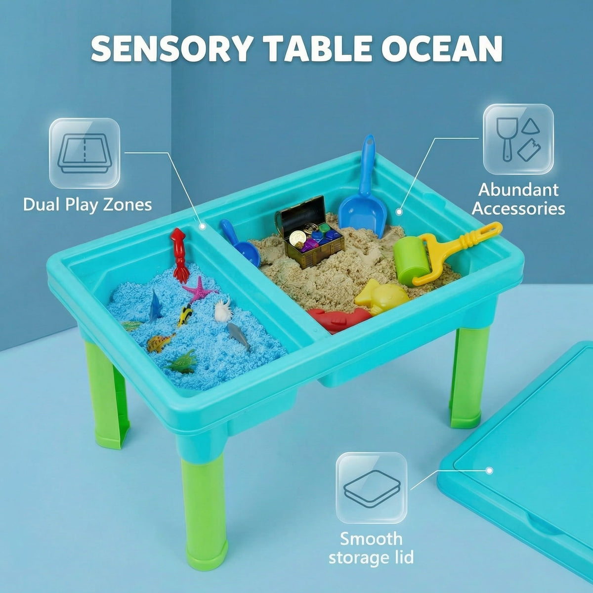 Carolart Ocean Sensory Table includes sensory tools to boost fine motor skills.