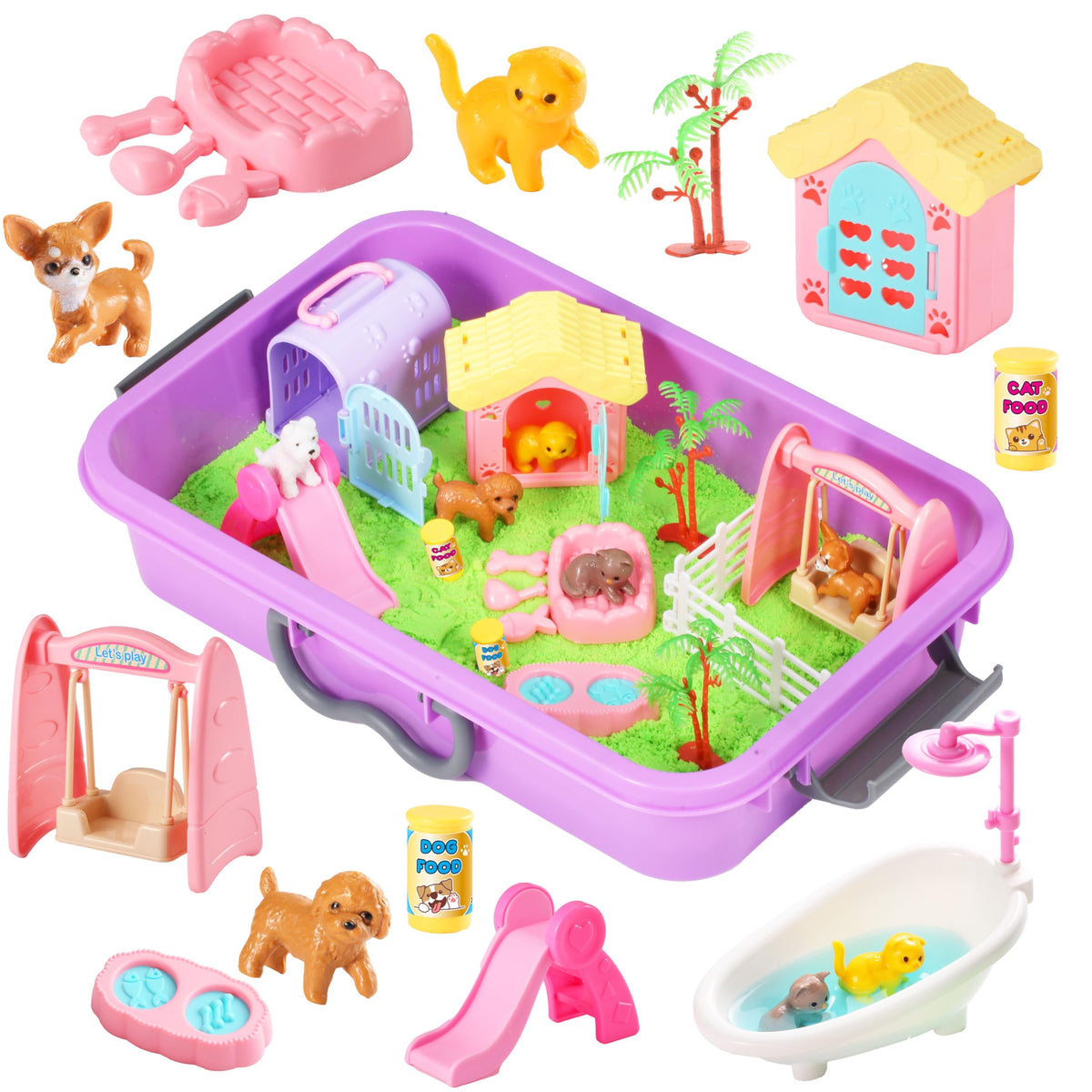 Carolart pet sensory bin setup with green magic sand for imaginative play