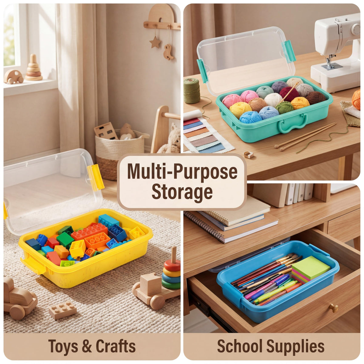 Carolart bins with removable labels help kids sort art supplies easily.