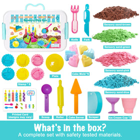Carolart sensory bin close-up shows colorful sand and dessert molds for creative activity.