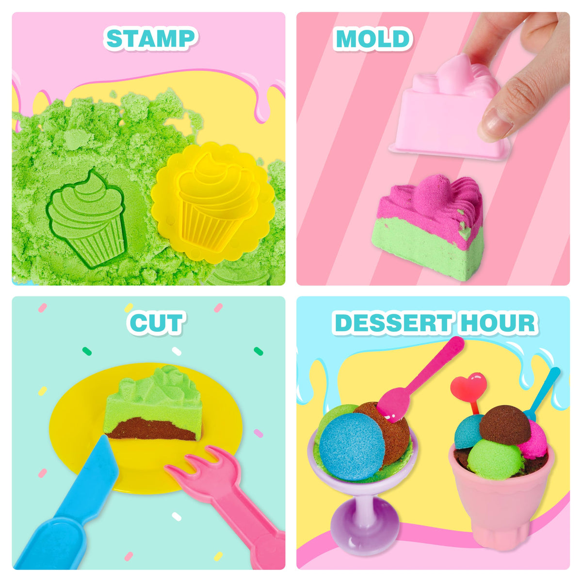 Carolart colorful sensory sand invites tactile exploration with brown, green, blue, and pink shades.