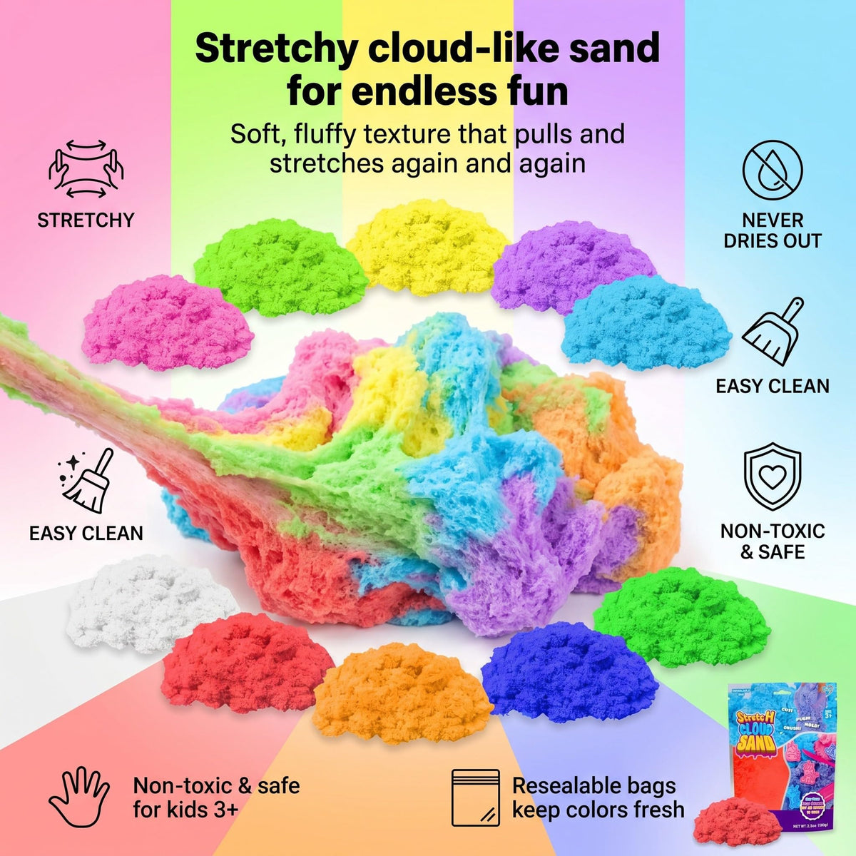 Carolart Sensory Sand No-Mess formula enables quick cleanup after play.