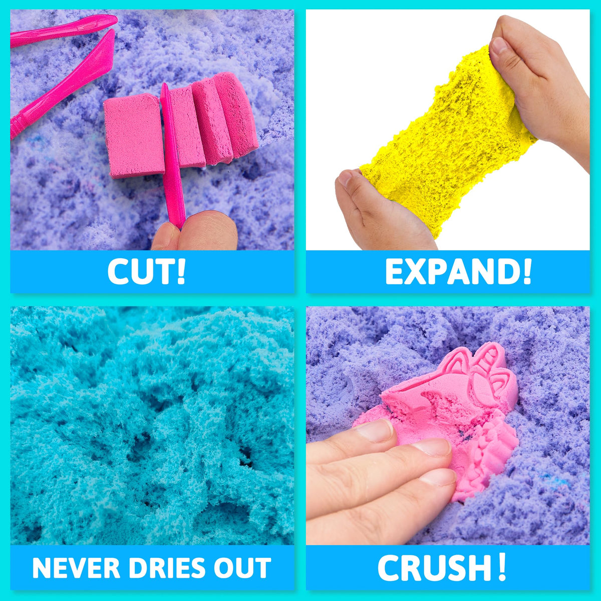 Carolart Stretchy Sand close-up texture highlights smooth squish and tactile fun.