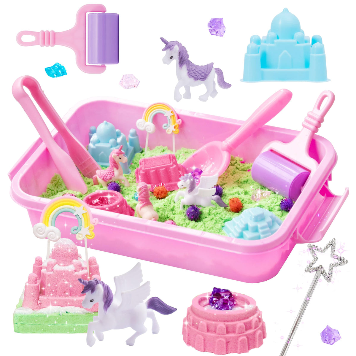 Carolart Unicorn Sensory Bin: kids explore textures and colors through imaginative play.