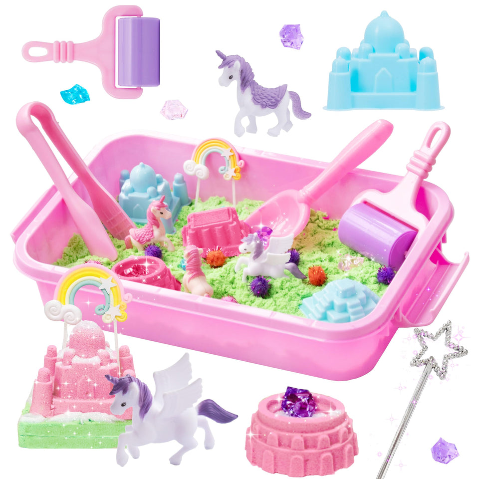 Carolart Unicorn Sensory Bin: kids explore textures and colors through imaginative play.